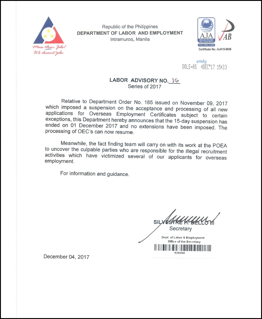 dole labor advisory oec suspension lifted