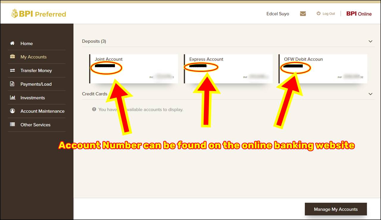 how to know bpi account number via online bpi website