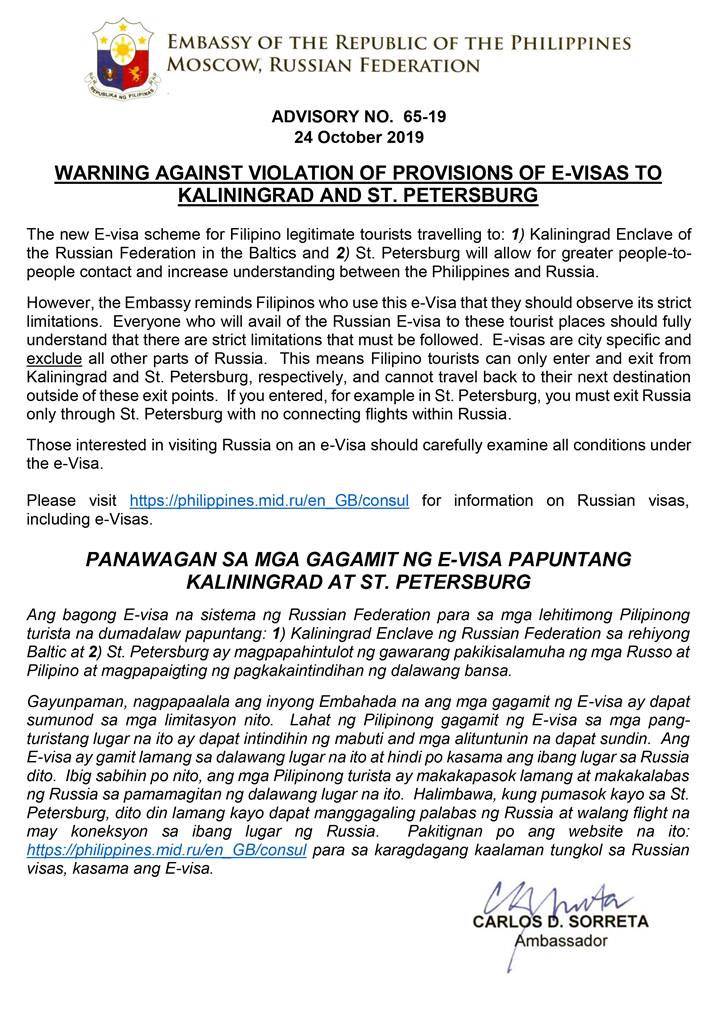 Russian EVisa warning to Pinoy tourists