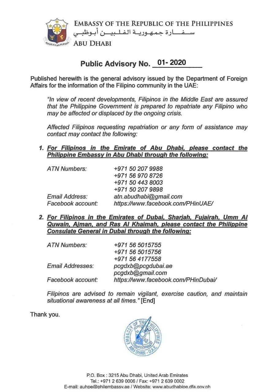 Public Advisory Phil embassy UAE Middle East crisis