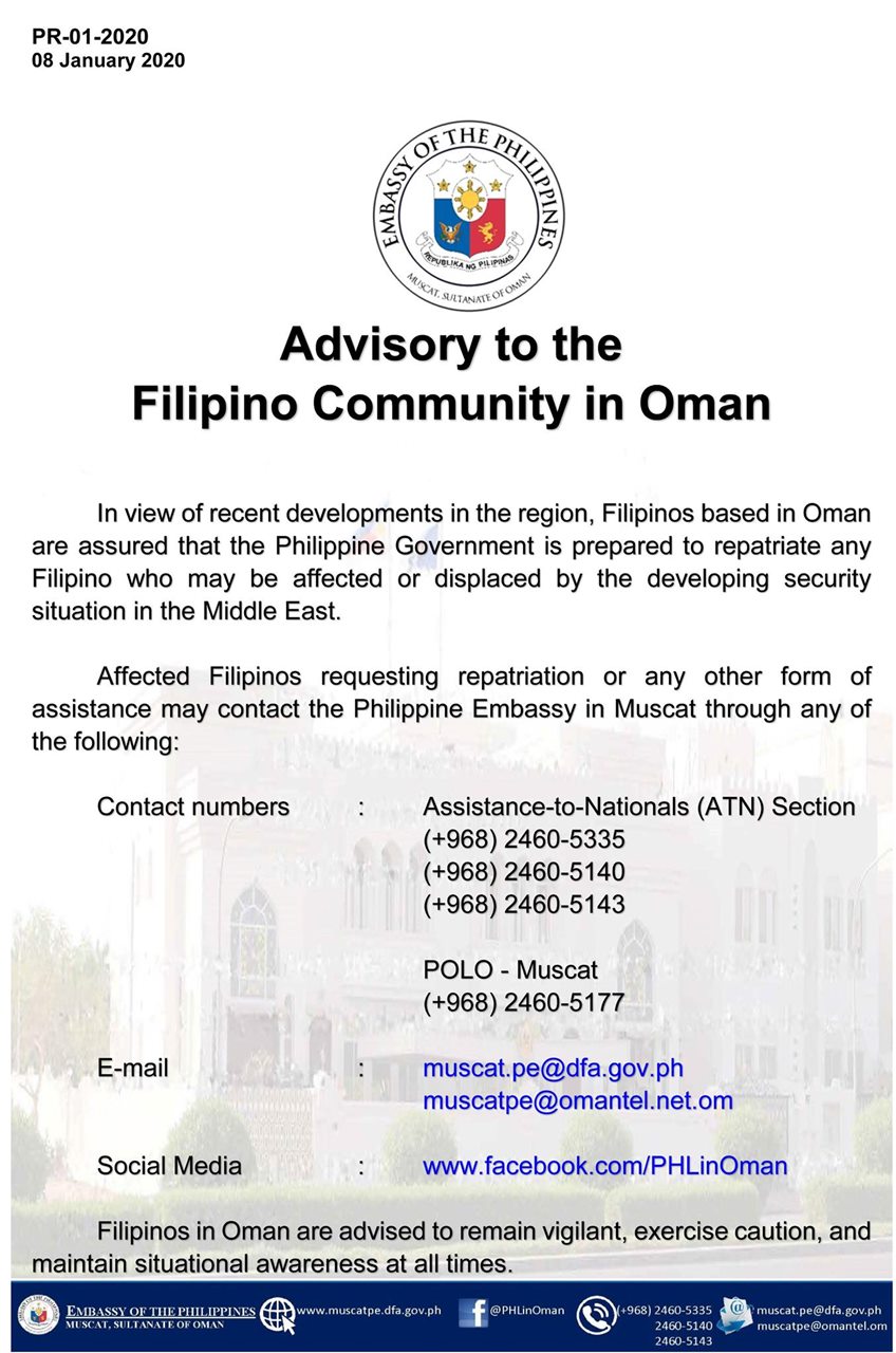 ph embassy in oman advisory