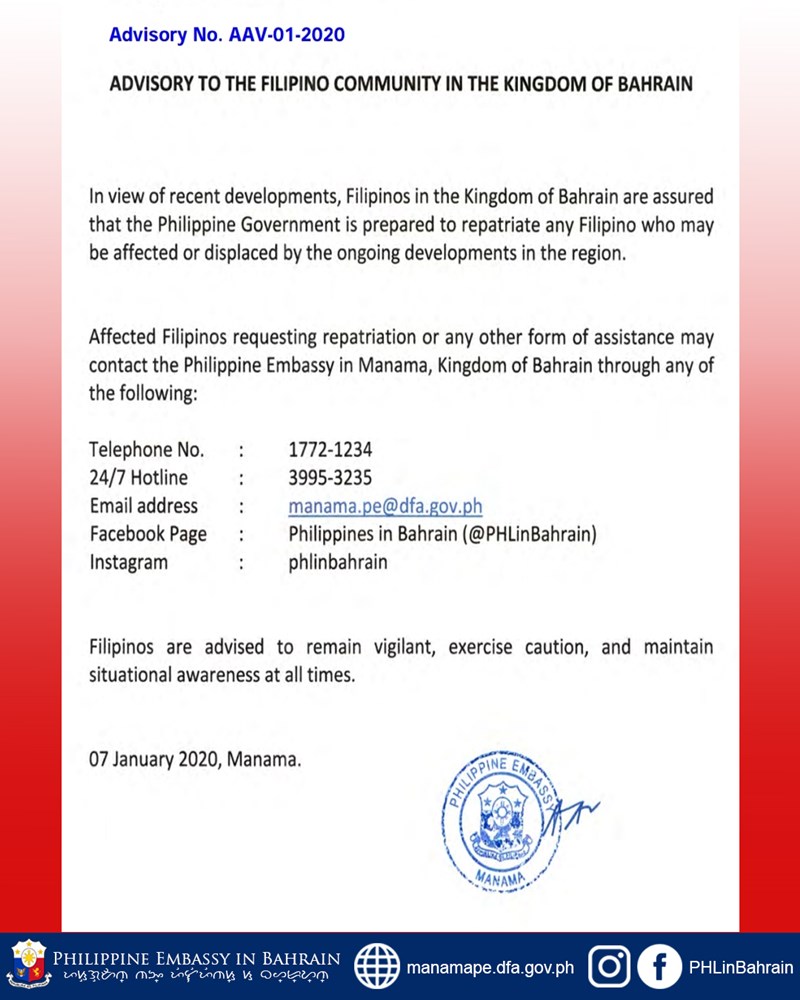 philippine advisory embassy filipinos in bahrain