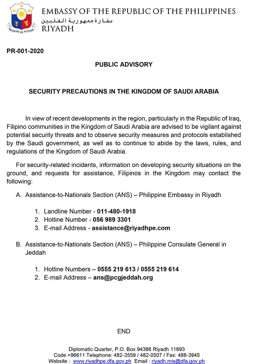 philippine advisory embassy filipinos in saudi Arabia