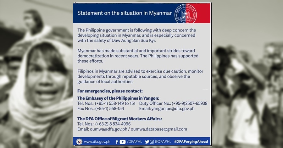 DFA to Filipinos in Myanmar: Stay Calm and Vigilant Amid Military Takeover