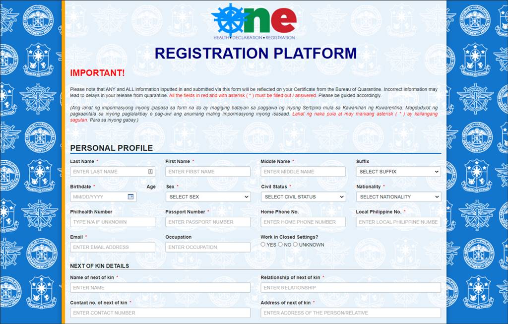 one health pass registration sample online