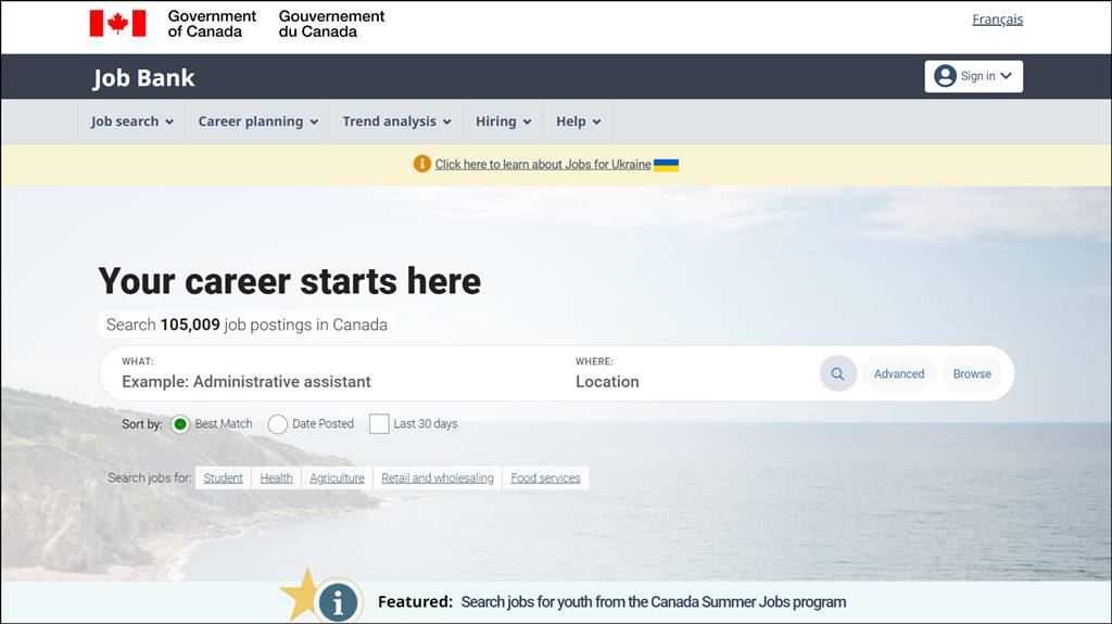 screenshot of canada job bank website