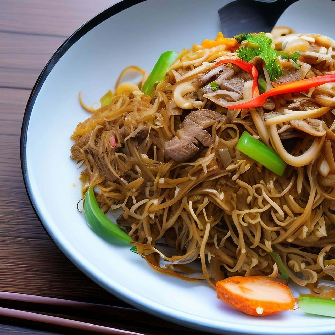 Pancit Bihon Guisado on white plate